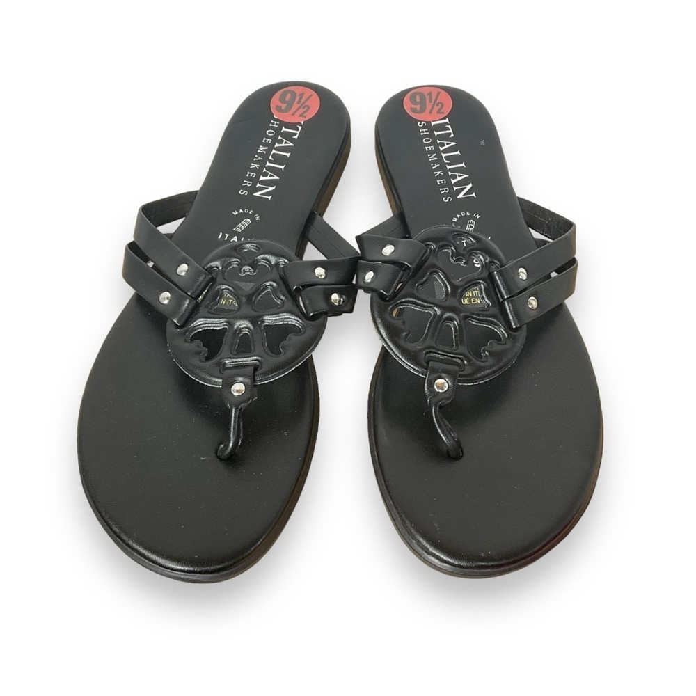 Italian Shoemakers Sandals Black Flats Faux Leather‎ Summer Size 9.5 NWT